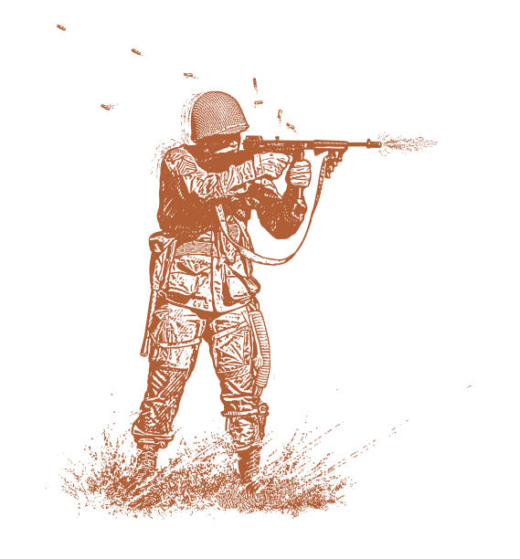 ilustraciones, imágenes clip art, dibujos animados e iconos de stock de soldado de la segunda guerra mundial disparando a tommy gun en omaha beach - tommy gun