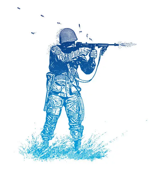 Vector illustration of WWII soldier shooting Tommy Gun on Omaha Beach