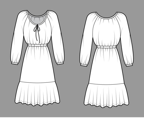 sukienka chłopska ilustracja mody technicznej z długimi rękawami, dopasowanym ciałem, ołówkiem peplum spódnica do kolan - lace black lingerie textile stock illustrations