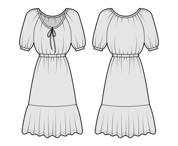sukienka chłopska ilustracja mody technicznej z rękawami na łokcie, dopasowanym ciałem, spódnicą ołówkową peplum do kolan. płaski - lace black lingerie textile stock illustrations
