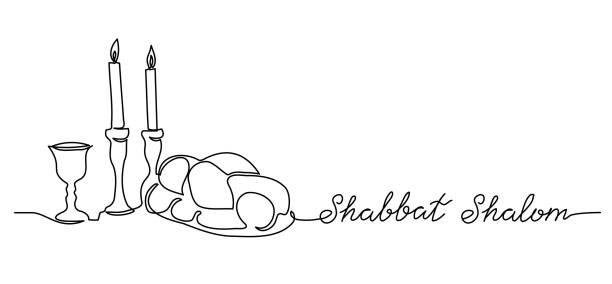 Shabbat Shalom, peaceful sabbath, vector poster, banner, background with challah, candle, wine. Shabbat Shalom lettering. Shabbat Shalom, peaceful sabbath, simple vector poster, banner, background with challah, candle and wine. Shabbat Shalom lettering bread borders stock illustrations