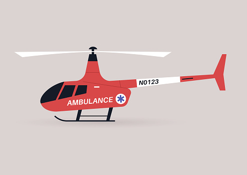 A side view of an Ambulance red helicopter, a search and rescue operation, a service air vehicle on duty