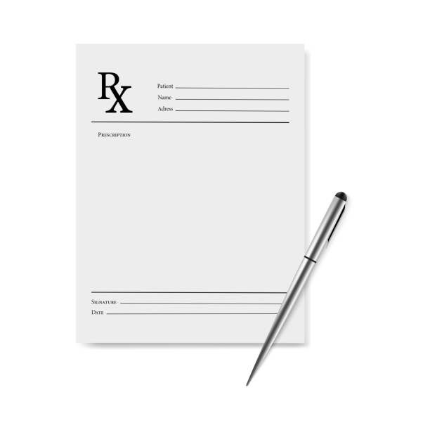 text dodelat Realistic blank medical prescription form and metallic pen isolated on white background.Vector illustration of Rx pad template.Healthcare, hospital, and medical diagnostics concept. presecriptions stock illustrations