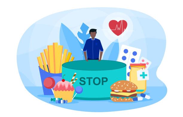 Young man is suffering with obesity and overeating Young man is suffering with obesity and overeating. Male character is standing next to fat junk food. Concept of obesity, binge eating disorder and food addiction. Flat cartoon vector illustration. greedy stock illustrations