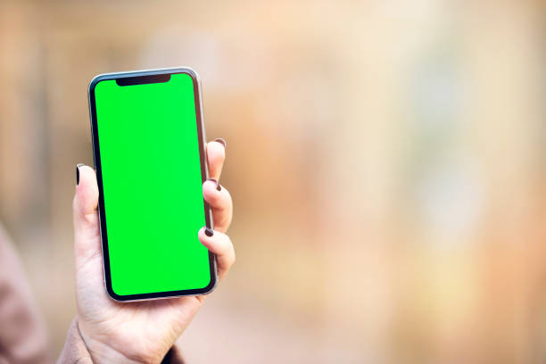 istock A hand holding black mobile phone with Green desktop screen 1319526351