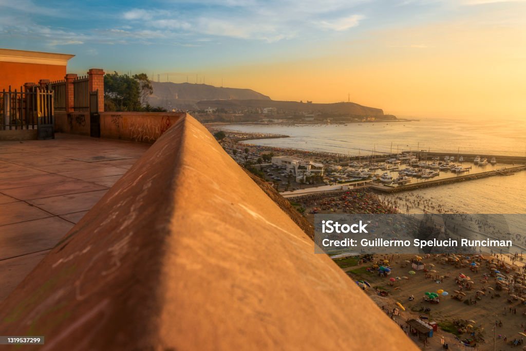Looking at the beaches of Barranco at sunset, Lima, Peru. Architecture Stock Photo