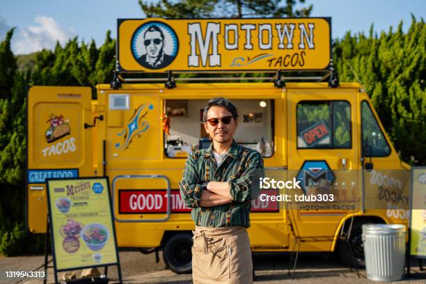Portrait Of An Entrepreneur With His Food Truck Stock Photo - Download Image Now - Food Truck, Owner, Japan