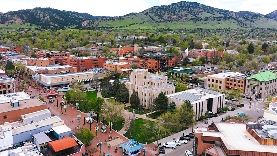Aerial view of Pearl Street Mall in Boulder Colorado USA