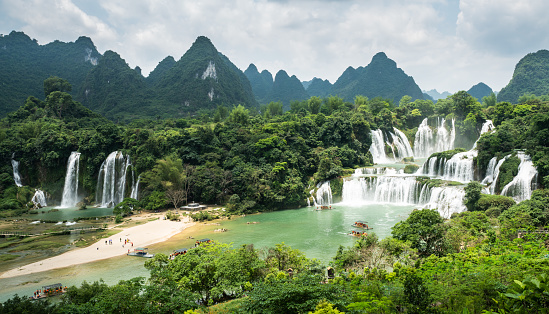 Aerial top view of Ban Gioc Water Falls in Cao Bang, Vietnam and China border. Nature landscape background. Tourist attraction landmark.