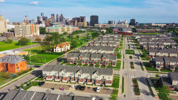 Aerial view of Detroit downtown residential area Michigan USA Aerial view of Detroit downtown residential area Michigan USA detroit michigan stock pictures, royalty-free photos & images