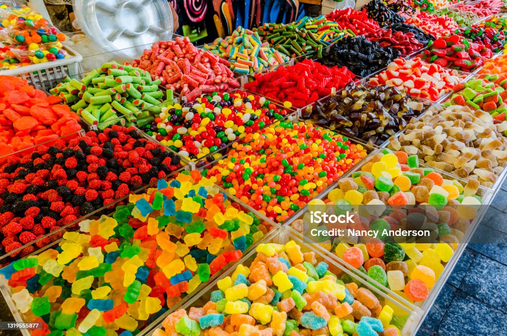 Candy for sale in Jerusalem's Mahane Yehuda market Assorted candy for sale in the Souk, also called the Mahane Yehuda market in Jerusalem, Israel Candy Store Stock Photo