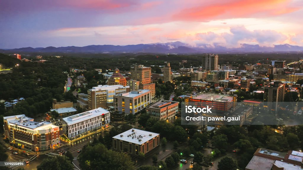 Asheville city downtown during sunset North Carolina Aerial view North Carolina - US State Stock Photo
