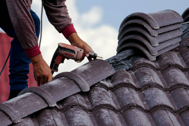 istock Construction of the roof house with worker install new roof 1319556708