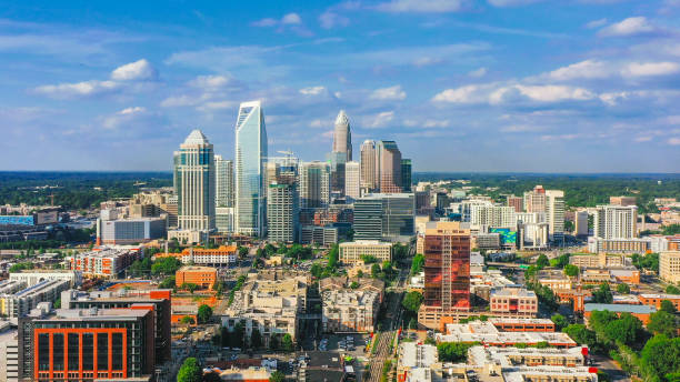 Charlotte North Carolina Uptown downtown aerial view Charlotte North Carolina downtown aerial view aircraft point of view photos stock pictures, royalty-free photos & images