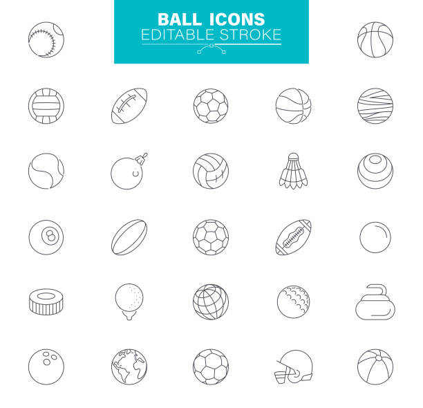 볼 아이콘 편집 가능한 스트로크. 축구와 같은 아이콘이 포함되어 있습니다 - 스포츠, 농구 - 공, 테니스 공 - cricket bowler stock illustrations
