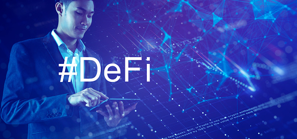 Business finance investment DeFi decentralize blockchain concept, Asian businessman modern data and number futuristic background