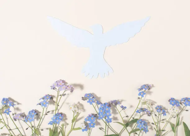 Flowers and white paper dove on light background. Flat lay, top view.