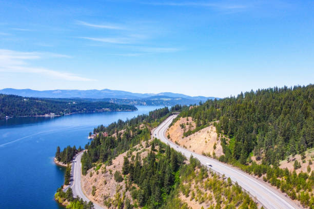 Coeur d'Alene Lake and Highway - Aerial View stock photo