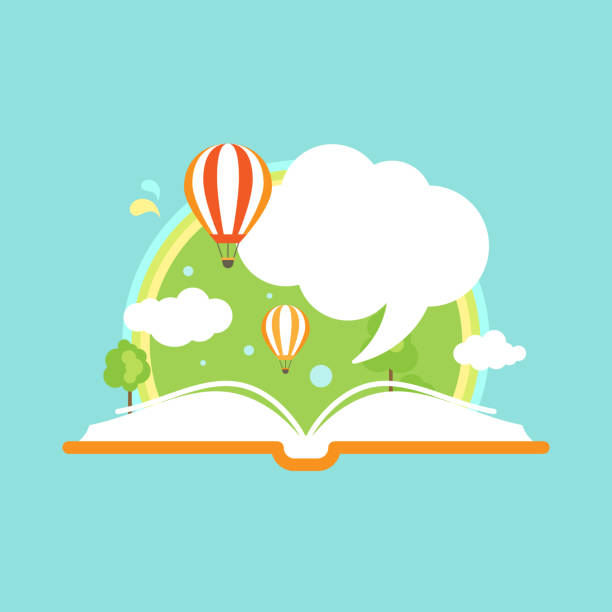 istock Open book with air balloon, clouds, rainbow and chat bubble. Isolated on blue background. 1319560664