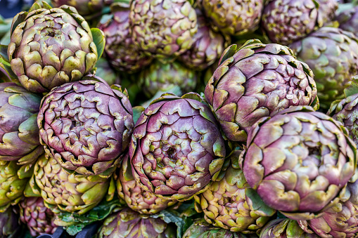 A detailed view of the typical Roman artichokes (Romaneschi) ready to be cooked according to the culinary tradition of Jewish and Roman culture. The traditional Mediterranean diet consists of natural, healthy and fresh products, including fruits, vegetables and grains. Image in high definition format.