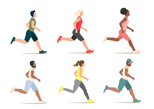 Men and women of different nationalities are running together. Sports people vector illustration in flat style isolated on white background.