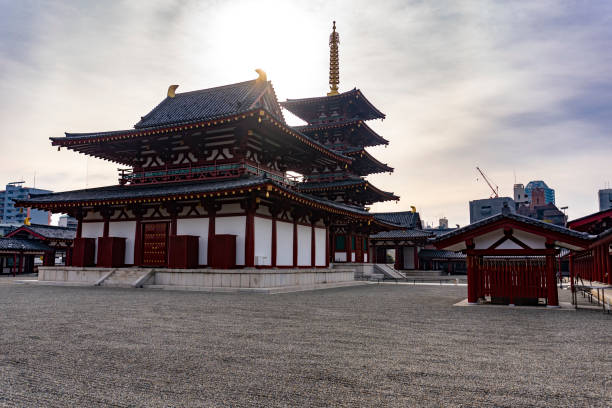 Shitennoji Temple and the Five-storied Pagoda in Osaka, Japan Osaka, Japan - December 11 2019 : Shitennoji Temple and the Five-storied Pagoda, Medium Shot, Low Angle View shitenno ji stock pictures, royalty-free photos & images