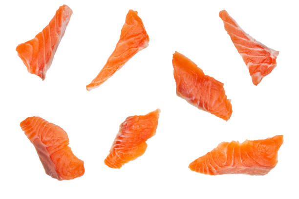 salmon slices isolated on white background. clipping paths.
