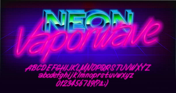 Neon Vaporwave alphabet font. Glowing neon letters, numbers and punctuations. Uppercase and lowercase. Neon Vaporwave alphabet font. Glowing neon letters, numbers and punctuations. Uppercase and lowercase. Vector typescript for your typography design. 80s stock illustrations