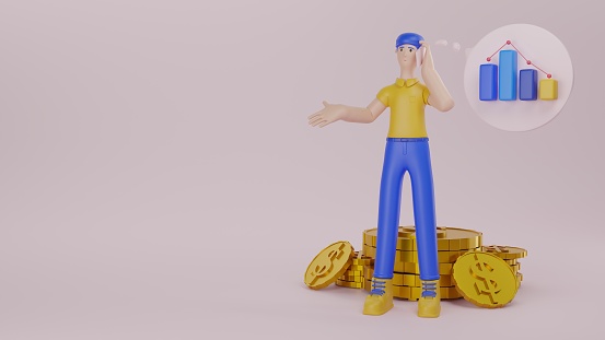 Male character talking phone device with gold coin and graph, concept about doing financial business. 3d render.