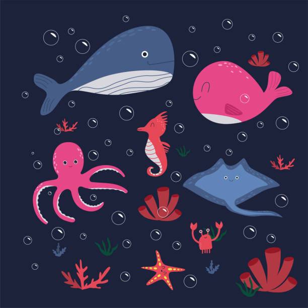 istock Underwater world. Sea with various fish, octopuses, crabs, rays, whales, narwhal, starfish, algae, aquatic plants. Vector illustration. Cartoon style. 1319566703