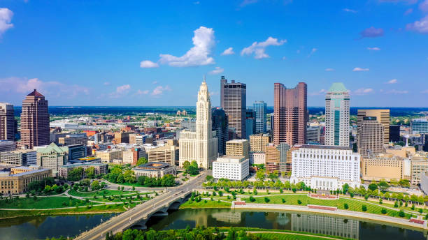 Aerial view of Downtown Columbus Ohio with Scioto river stock photo