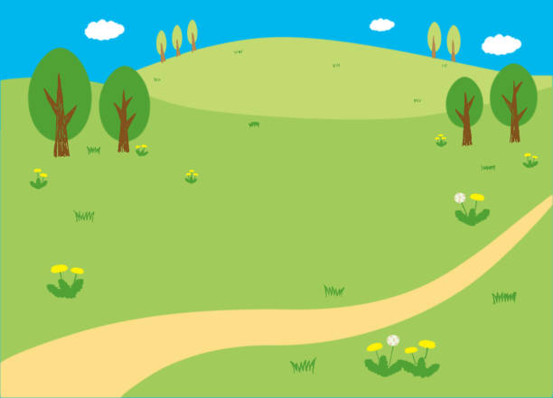 A landscape with a path, trees, and dandelions on some gently undulating grass fields White clouds in a blue sky, gently undulating grass fields, trees, grass, dandelions, and a path. rolling landscape stock illustrations