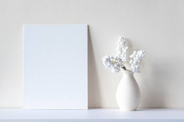 composición de luz suave con lienzo en blanco o lámina, jarrón, planta decorativa en un escritorio. interior de la habitación blanca, maqueta mínima con espacio para el texto - white canvas fotografías e imágenes de stock