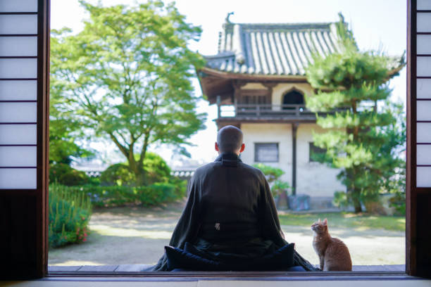 фотография японского монаха, делая зазен - monk стоковые фото и изображения