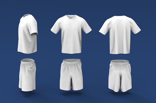 Blank white soccer uniform set isolated on blue background. Mockup of football team uniform. 3d illustration, 3d rendering