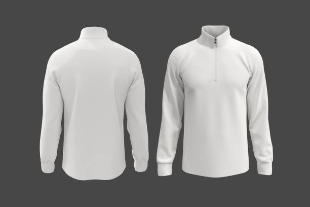 Tracktop polo shirt mockup with half zip, front and back views Tracktop polo shirt mockup with half zip, front and back views, tee design presentation for print, 3d rendering, 3d illustration white long sleeve shirt stock pictures, royalty-free photos & images