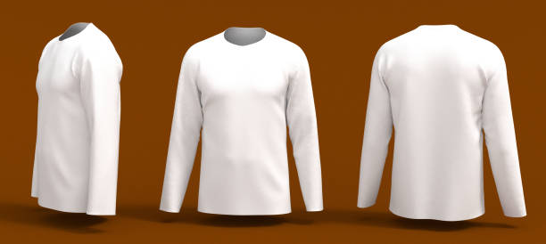 men's white long-sleeve t-shirt mockup in front, side and back views