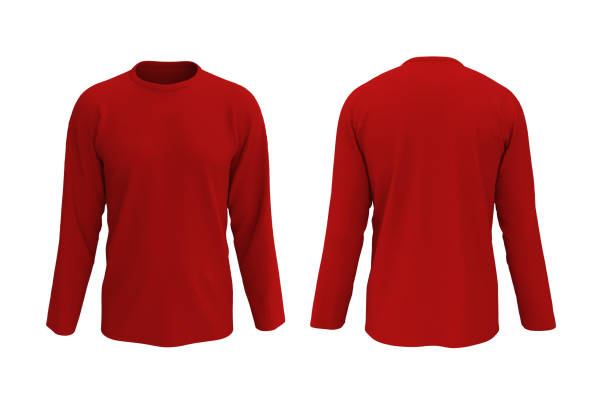 men's red longsleeve t-shirt mockup in front and back views men's red longsleeve t-shirt mockup in front and back views, design presentation for print, 3d illustration, 3d rendering long sleeved stock pictures, royalty-free photos & images