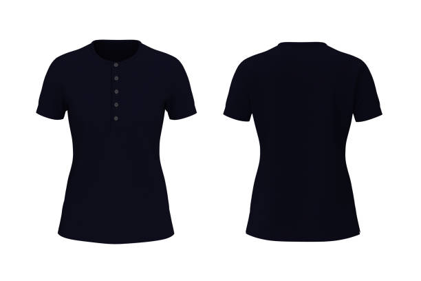 Women's blue navy henley t-shirt mockup, front and back views