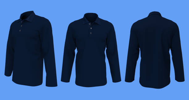 istock Blank long-sleeve collared shirt mockup in front, side and back views 1319572285