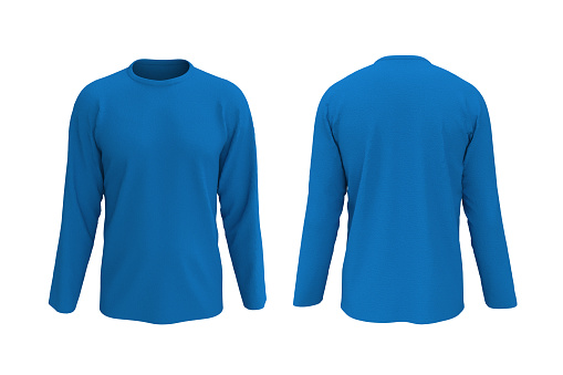 maqueta de camiseta azul de manga larga para hombres en las vistas delantera y trasera photo
