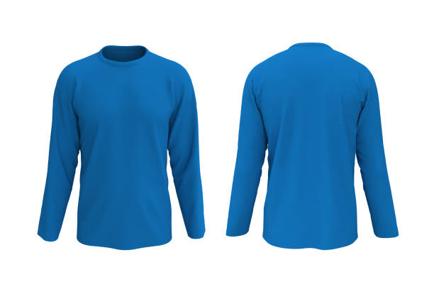 正面と背面の景色にメンズブルーの長袖tシャツモックアップ - long sleeved ストックフォトと画像