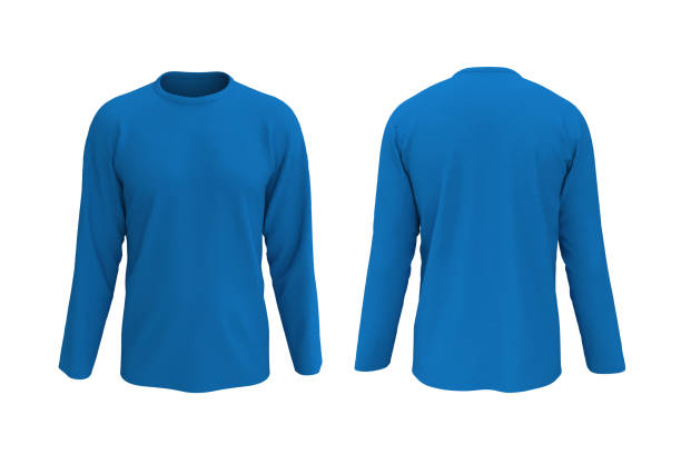 men's blue long-sleeve t-shirt mockup in front and back views - long sleeved imagens e fotografias de stock