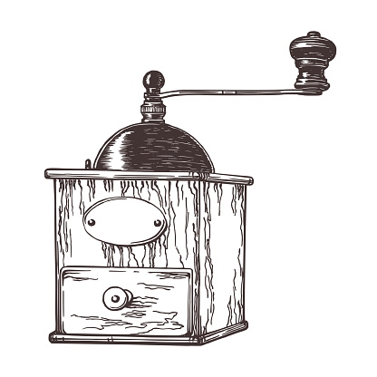 Vintage manual coffee grinder hand drawn in sketch style. Black ink outlines isolated on white background. Coffee mill.