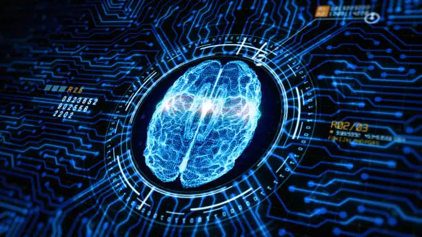 Photo of Artificial intelligence concept. Brain over the circuit board. HUD future technology digital background. 3d rendering
