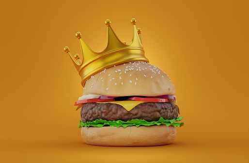 Cheeseburger with crown on orange background. 3d illustration