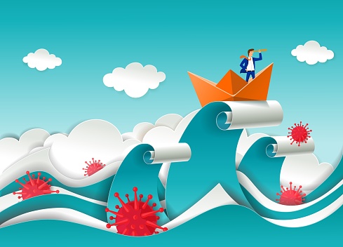 Businessman in boat on the top of ocean wave, vector paper cut illustration. Corona virus pandemic business strategy.