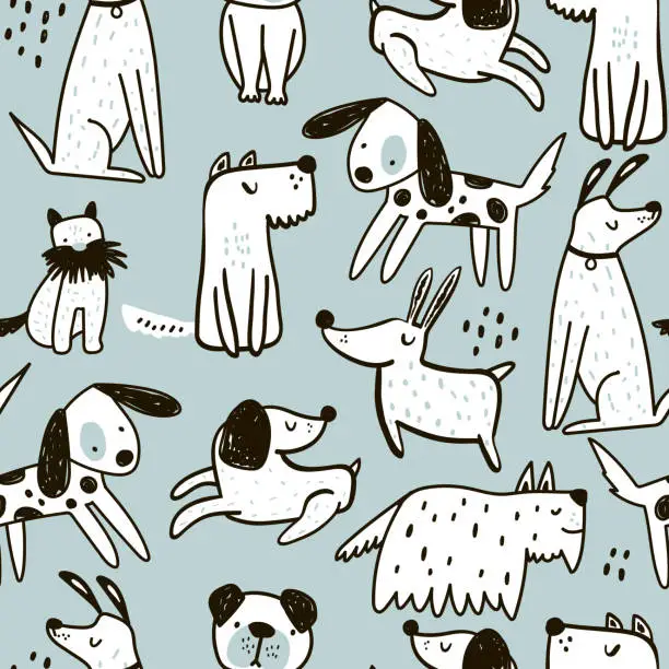 Vector illustration of Seamless pattern with cute hand drawn dogs. Creative childish texture in scandinavian style. Great for fabric, textile Vector Illustration