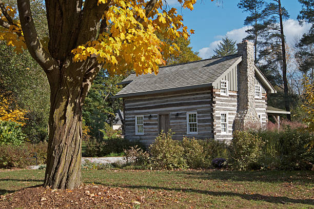 istock Old log cabin with autumn trees in landscape 131957928