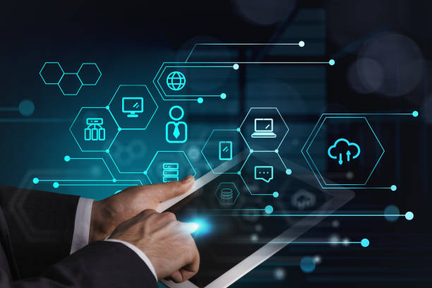 istock Businessman hand and touchscreen with data symbols and network circuit 1319579291